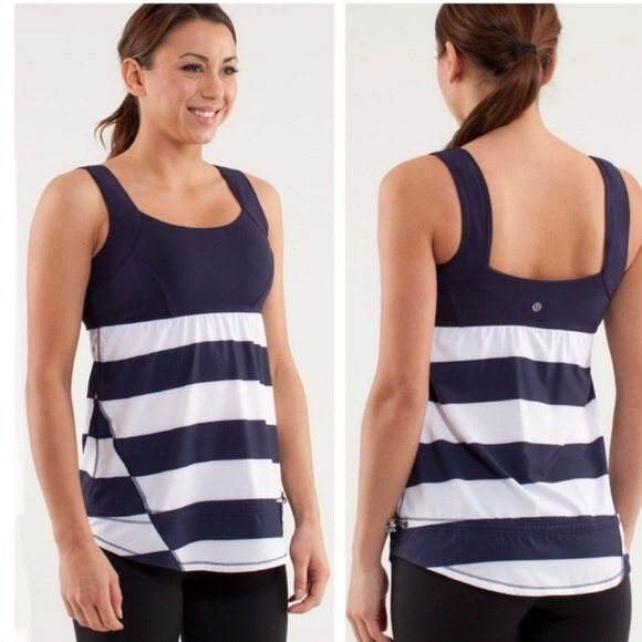 Lululemon Run: Chase Me Tank Wide Bold Stripe Printed White Deep Indigo 6 - Picture 1 of 6